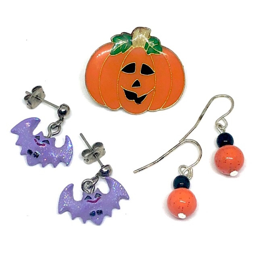 Vintage Halloween Resin Bead and Bat Earrings with Enamel Pumpkin Tac Pin Bundle